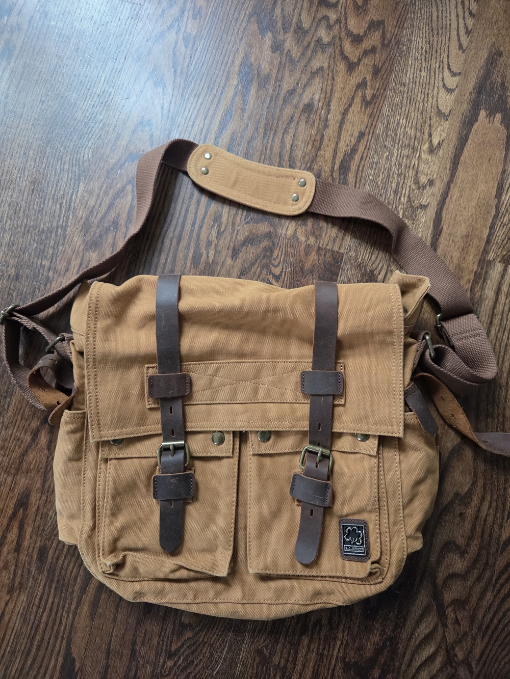 S.C. Cotton Vintage Military Style Canvas & Leather Messenger Bag Khaki